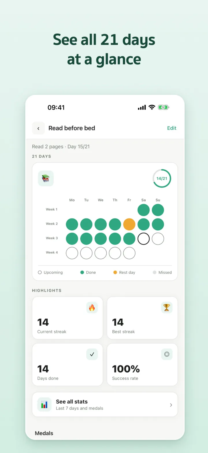 A habit's 21-day calendar with streak and success rate