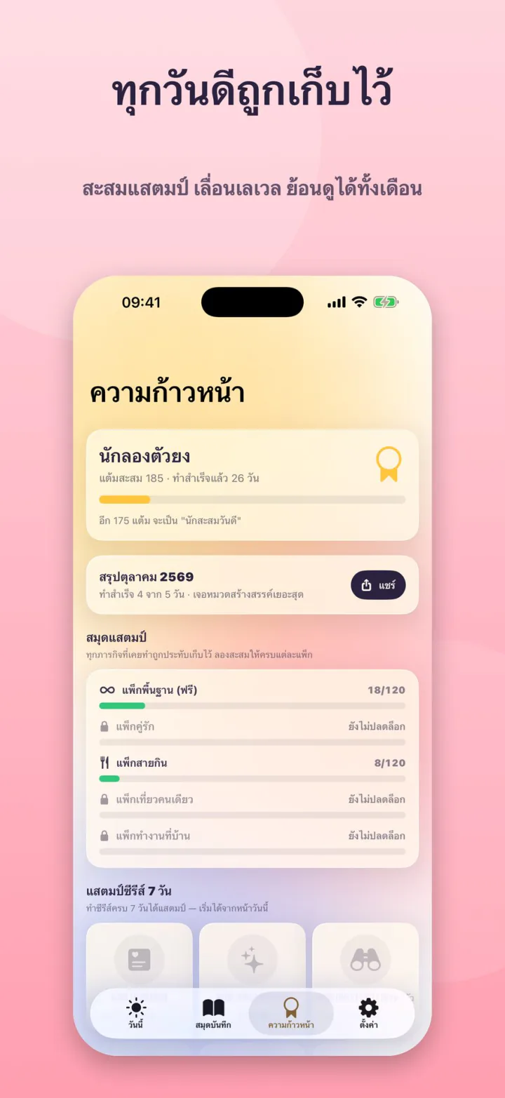 ความก้าวหน้า ระดับ แต้มสะสม และสมุดแสตมป์ของแต่ละแพ็ก