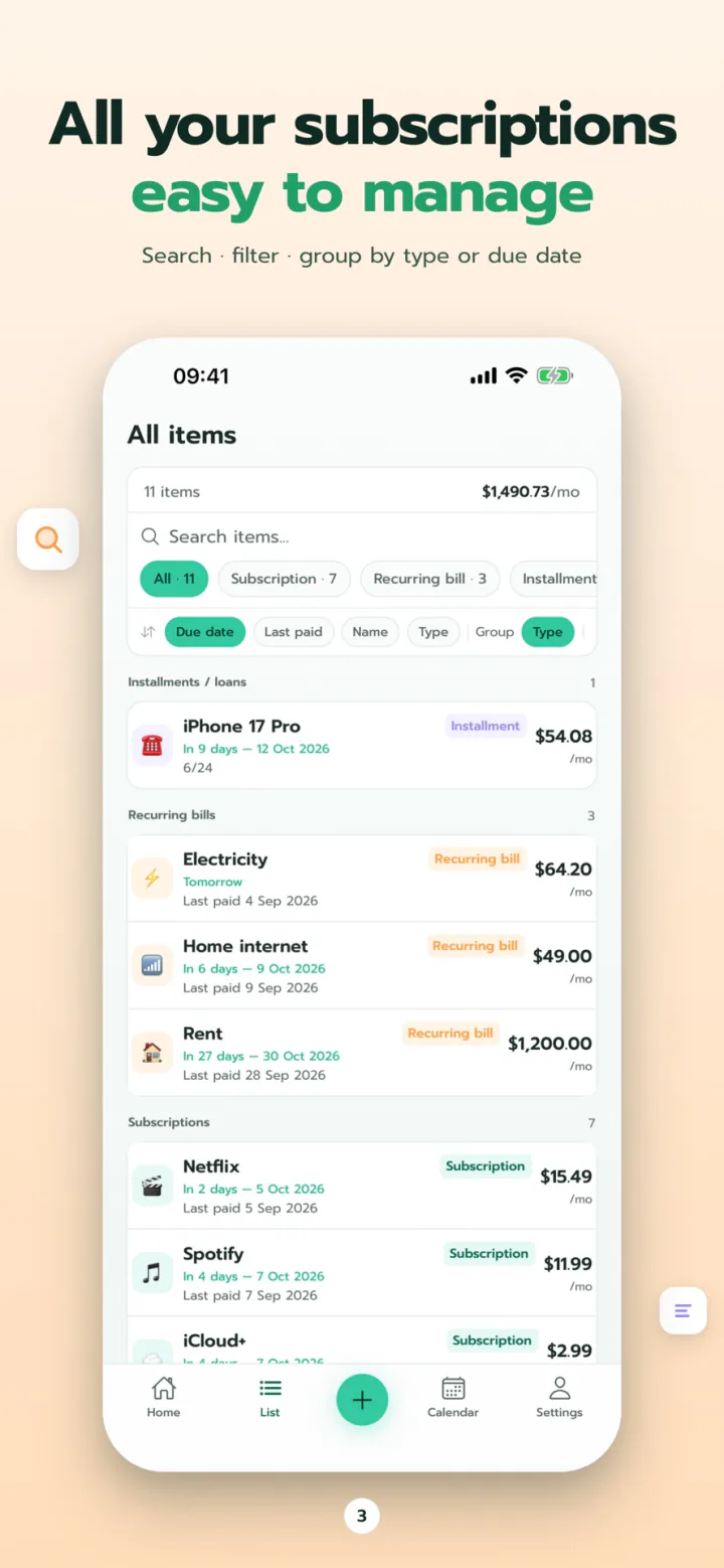 All subscriptions, bills and installments